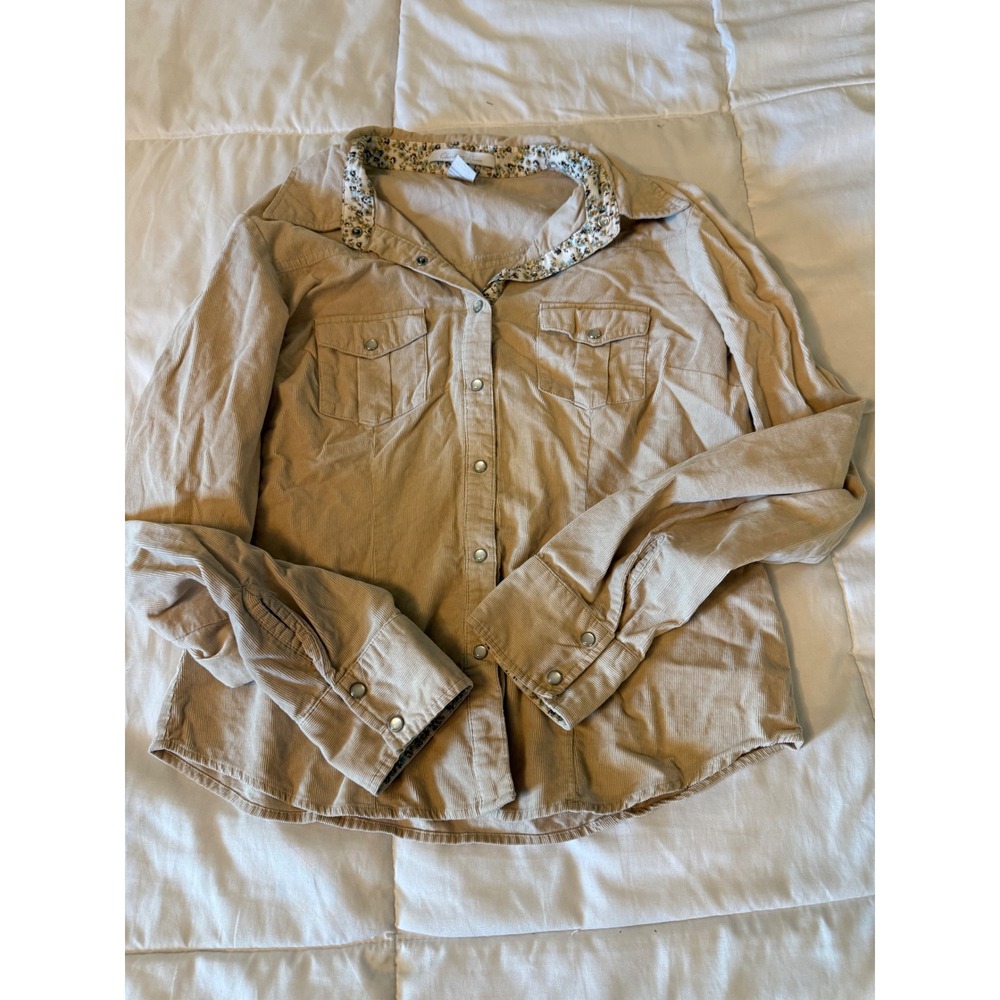 Charlotte Russe Tan Corduroy Snap Front Western Shirt Floral Trim Large 71660